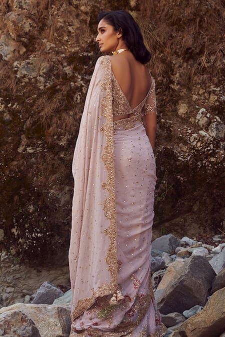 Shop_Dolly J_White Silk Chiffon Embroidery Scoop Neck Ophelia Lehenga Saree Set _at_Aza_Fashions