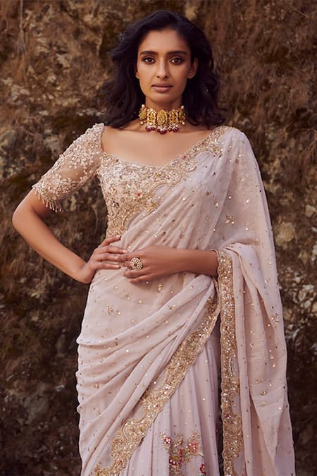 Dolly J_White Silk Chiffon Embroidery Scoop Neck Ophelia Lehenga Saree Set _Online_at_Aza_Fashions