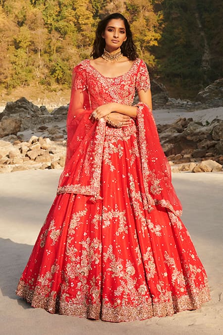 Dolly J Red Raw Silk Embroidery Scoop Neck Nyrah Bridal Lehenga Set  