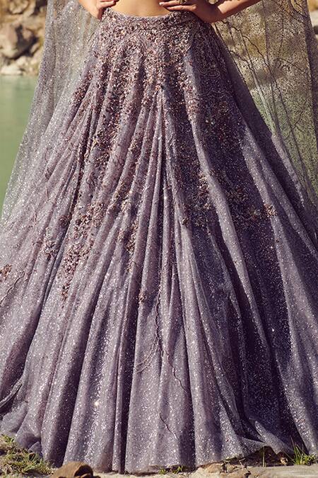 Buy_Dolly J_Grey Shimmer Tulle V Neck Vamika Lehenga Set _Online_at_Aza_Fashions