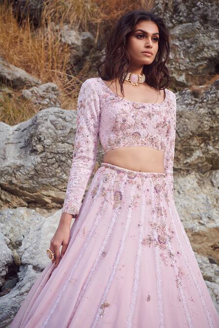 Dolly J_Pink Organza Chikankari, Silk Chiffon Scoop Neck Rubika Bridal Lehenga Set_Online_at_Aza_Fashions