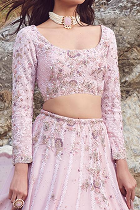 Buy_Dolly J_Pink Organza Chikankari, Silk Chiffon Scoop Neck Rubika Bridal Lehenga Set_Online_at_Aza_Fashions