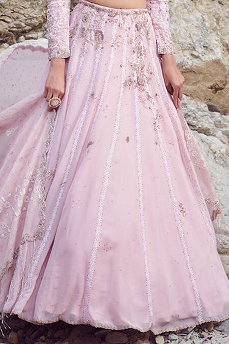 Shop_Dolly J_Pink Organza Chikankari, Silk Chiffon Scoop Neck Rubika Bridal Lehenga Set_Online_at_Aza_Fashions