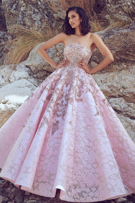 Rose Ebony Net Off-Shoulder Gown Embellished with Glitterwork and Sequins
