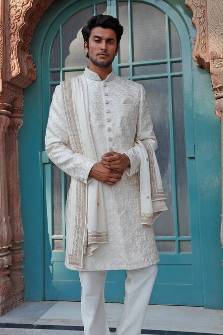Buy Grey Raw Silk Embroidered Sherwani Set For Men by Vanshik Online at ...