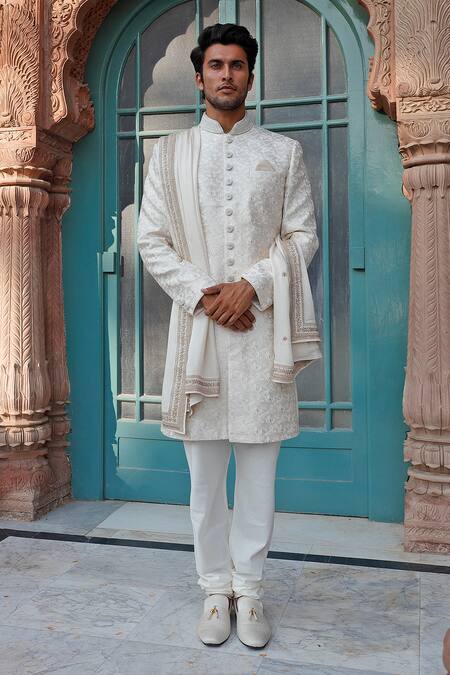 Vanshik_Grey Raw Silk Embroidered Sherwani Set _Online_at_Aza_Fashions