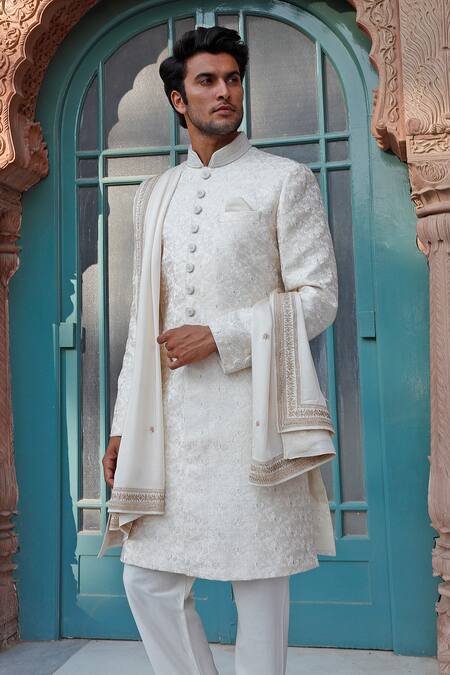 Shop_Vanshik_Grey Raw Silk Embroidered Sherwani Set _Online_at_Aza_Fashions