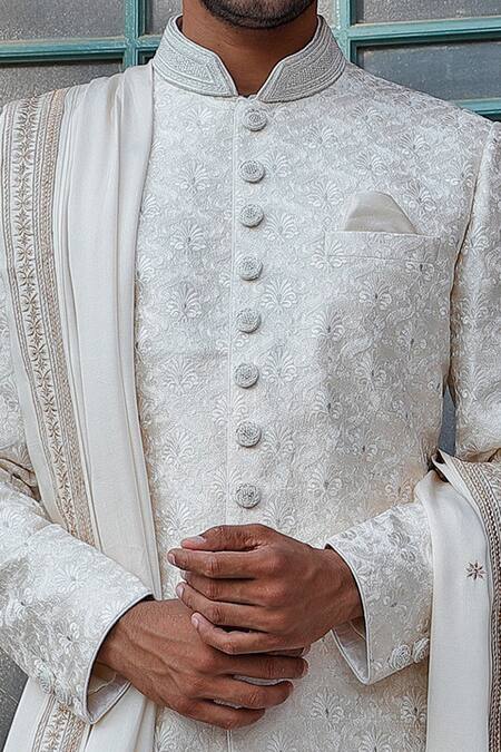 Vanshik_Grey Raw Silk Embroidered Sherwani Set _at_Aza_Fashions