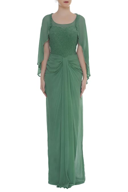 Arpan Vohra_Green Georgette Round Embellished Cape Gown _Online_at_Aza_Fashions