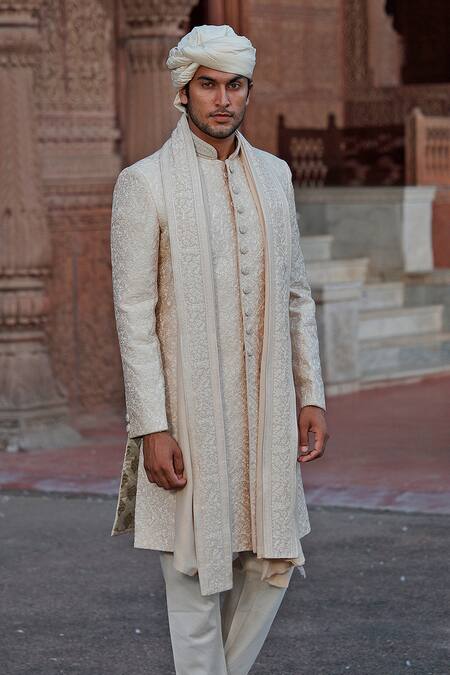 Vanshik_White Raw Silk Embroidered Sherwani Set _Online_at_Aza_Fashions