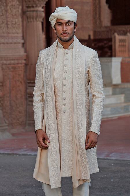 Buy_Vanshik_White Raw Silk Embroidered Sherwani Set _Online_at_Aza_Fashions