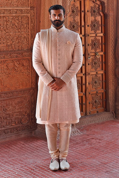 Shop_Vanshik_Beige Raw Silk Embroidered Sherwani Set _at_Aza_Fashions
