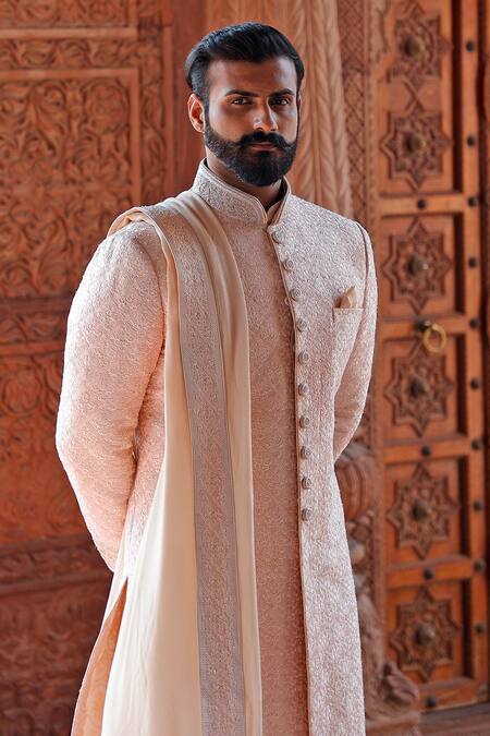Vanshik_Beige Raw Silk Embroidered Sherwani Set _Online_at_Aza_Fashions