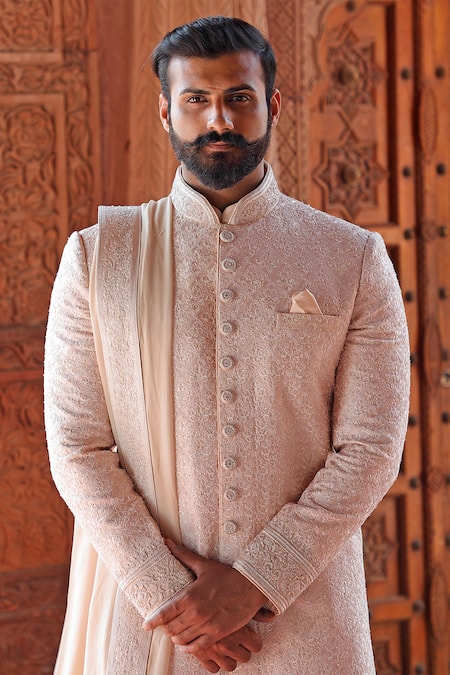 Buy_Vanshik_Beige Raw Silk Embroidered Sherwani Set _Online_at_Aza_Fashions