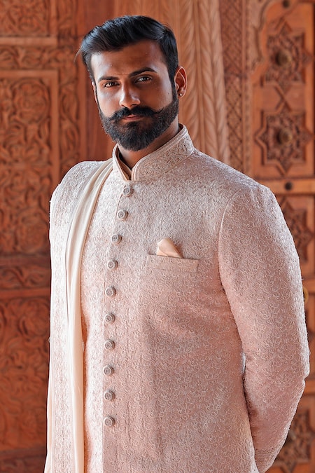Shop_Vanshik_Beige Raw Silk Embroidered Sherwani Set _Online_at_Aza_Fashions