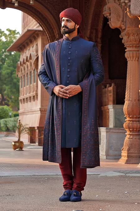 Shop_Vanshik_Blue Raw , Spun Embroidered Sherwani Set _at_Aza_Fashions