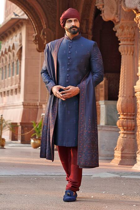 Buy_Vanshik_Blue Raw , Spun Embroidered Sherwani Set _Online_at_Aza_Fashions