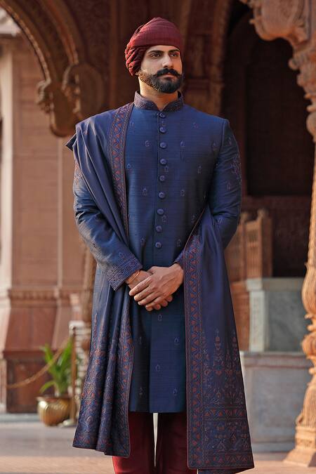 Shop_Vanshik_Blue Raw , Spun Embroidered Sherwani Set _Online_at_Aza_Fashions