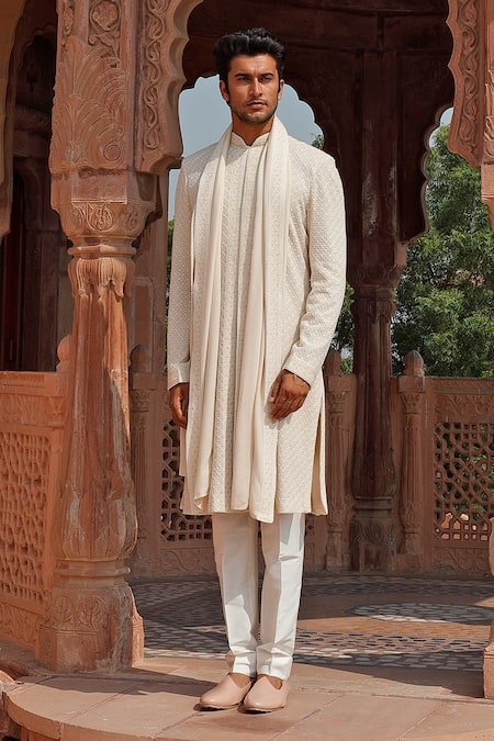 Shop Vanshik White Georgette Embroidered Sherwani Set at Aza Fashions Shop_Vanshik_White Georgette Embroidered Sherwani Set _at_Aza_Fashions