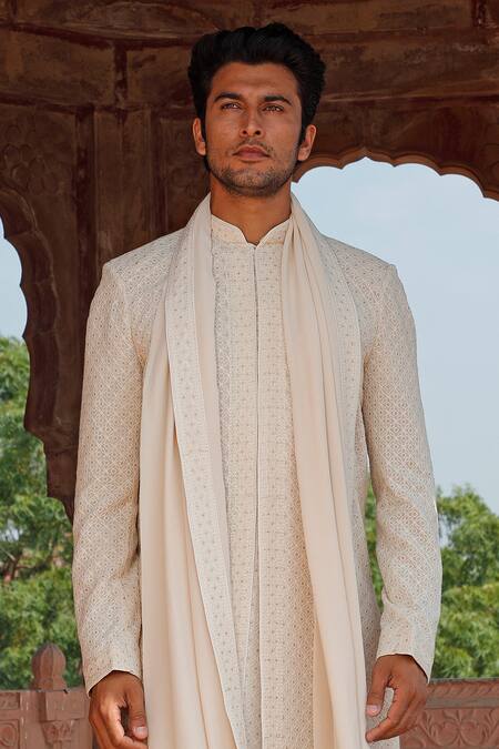 Buy Vanshik White Georgette Embroidered Sherwani Set Online at Aza Fashions Buy_Vanshik_White Georgette Embroidered Sherwani Set _Online_at_Aza_Fashions