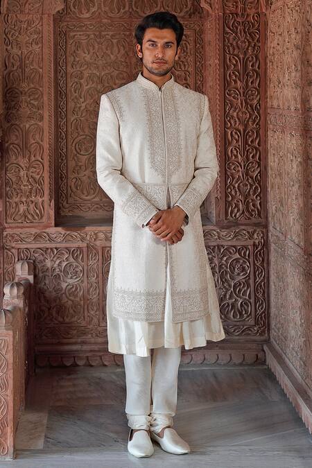 Shop_Vanshik_White Raw Silk Embroidered Sherwani Set _at_Aza_Fashions