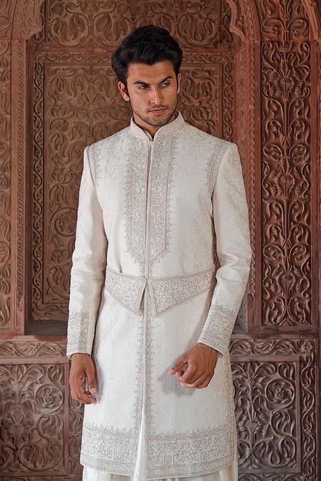 Buy_Vanshik_White Raw Silk Embroidered Sherwani Set _Online_at_Aza_Fashions