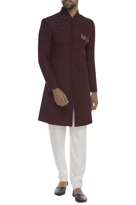 Sarab Khanijou Purple Moss Crepe Zardozi Embroidered Sherwani With Metal Chain Detail 