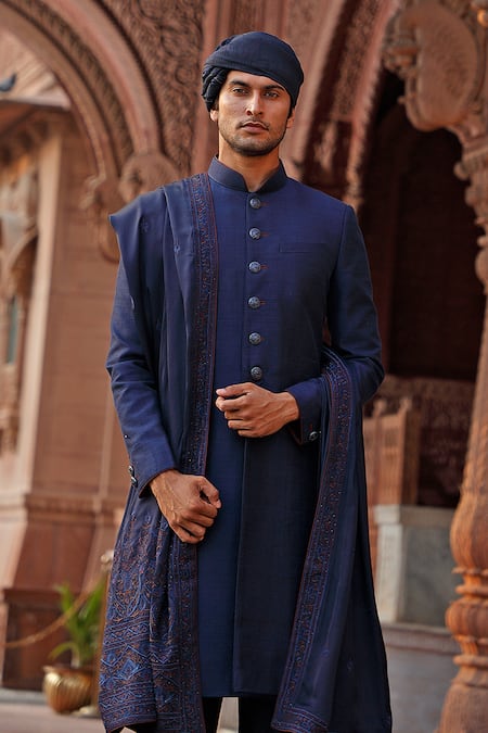 Shop_Vanshik_Blue Raw Silk, Crepe Sherwani Set _at_Aza_Fashions