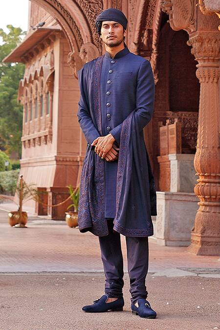 Vanshik_Blue Raw Silk, Crepe Sherwani Set _Online_at_Aza_Fashions