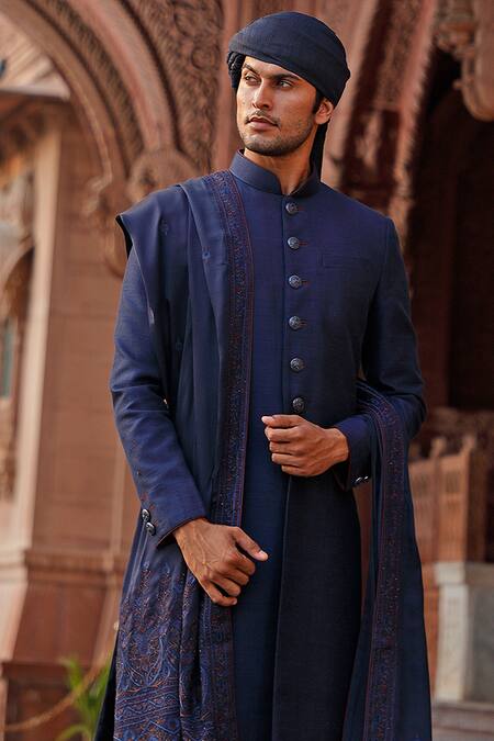 Buy_Vanshik_Blue Raw Silk, Crepe Sherwani Set _Online_at_Aza_Fashions