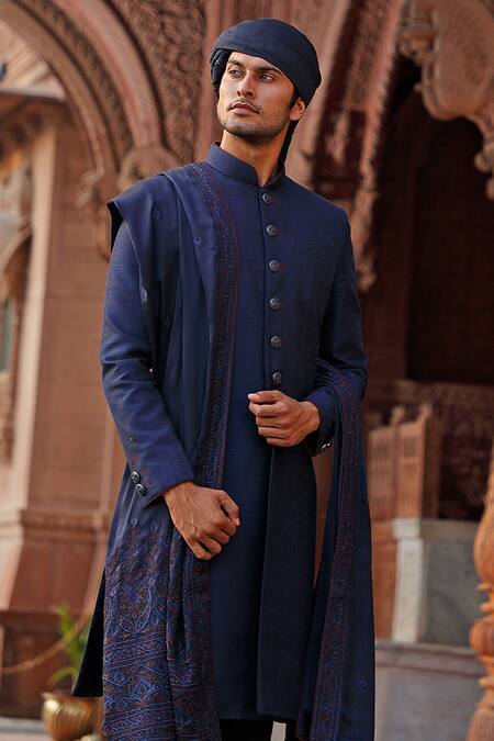Shop_Vanshik_Blue Raw Silk, Crepe Sherwani Set _Online_at_Aza_Fashions