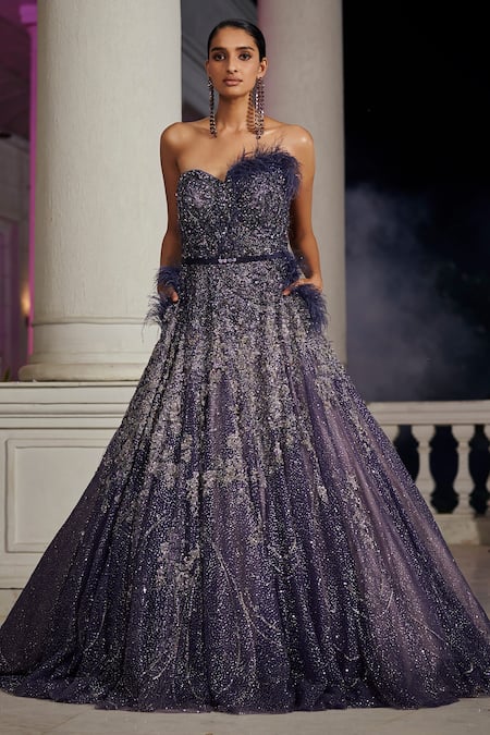 Buy Navy Blue Shimmer Net Embroidered Gown For Women Online