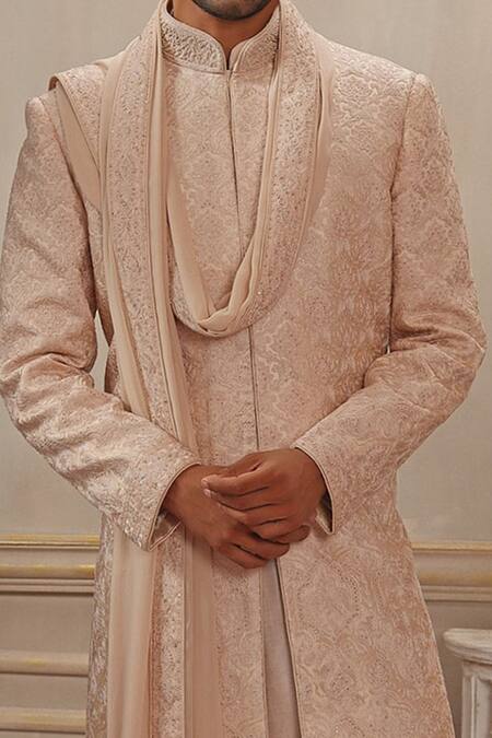 Vanshik_Beige Dupion Silk Embroidered Sherwani Set_Online_at_Aza_Fashions
