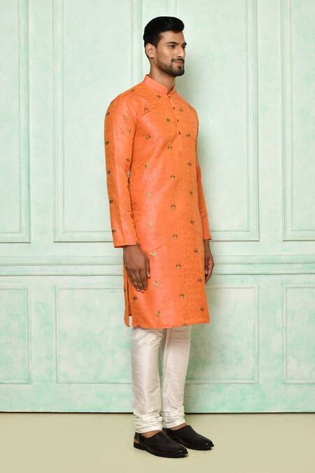 Arihant Rai Sinha_Orange Silk Embroidered Floral Pattern Kurta_Online_at_Aza_Fashions