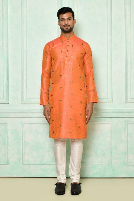 Shop_Arihant Rai Sinha_Orange Silk Embroidered Floral Pattern Kurta_Online_at_Aza_Fashions