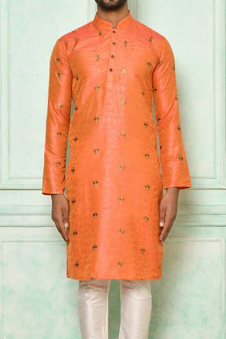 Arihant Rai Sinha_Orange Silk Embroidered Floral Pattern Kurta_at_Aza_Fashions