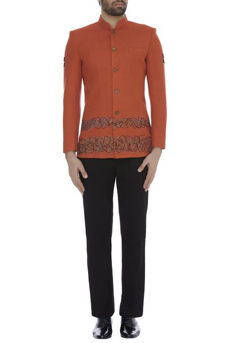 Shop_Fahd Khatri_Orange Thread Embroidered Bandhgala_Online_at_Aza_Fashions