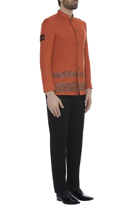 Fahd Khatri_Orange Thread Embroidered Bandhgala_Online_at_Aza_Fashions
