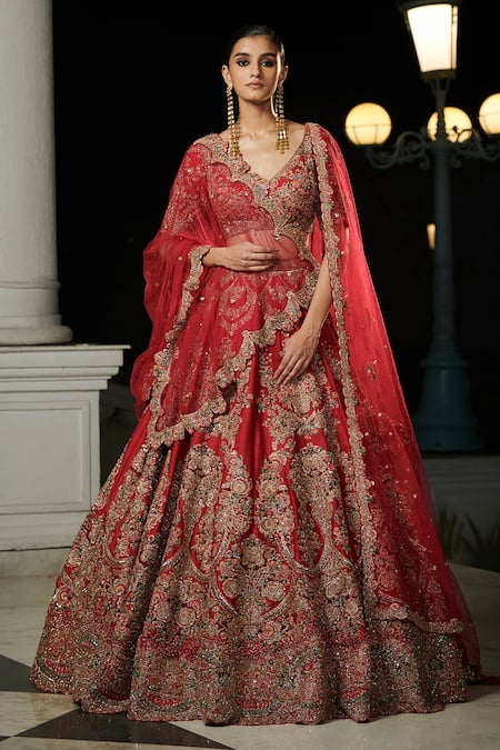 Dolly J Red Raw Silk V Neck Aubre Embroidered Bridal Lehenga Set  