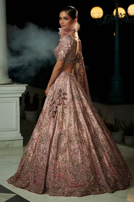 Shop Dolly J Pink Raw Silk, Tulle V Neck Maira Ombre Bridal Lehenga Set at Aza Fashions Shop_Dolly J_Pink Raw Silk, Tulle V Neck Maira Ombre Bridal Lehenga Set _at_Aza_Fashions