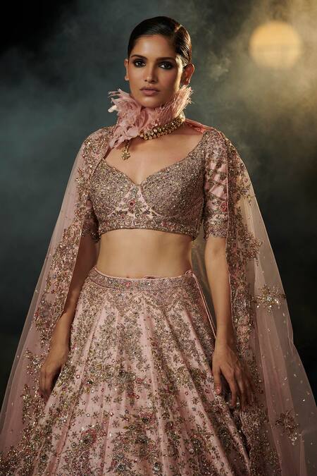 Dolly J Pink Raw Silk, Tulle V Neck Maira Ombre Bridal Lehenga Set Online at Aza Fashions Dolly J_Pink Raw Silk, Tulle V Neck Maira Ombre Bridal Lehenga Set _Online_at_Aza_Fashions