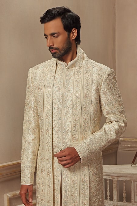 Shop Vanshik Beige Raw Silk Embroidered Sherwani Set at Aza Fashions Shop_Vanshik_Beige Raw Silk Embroidered Sherwani Set _at_Aza_Fashions