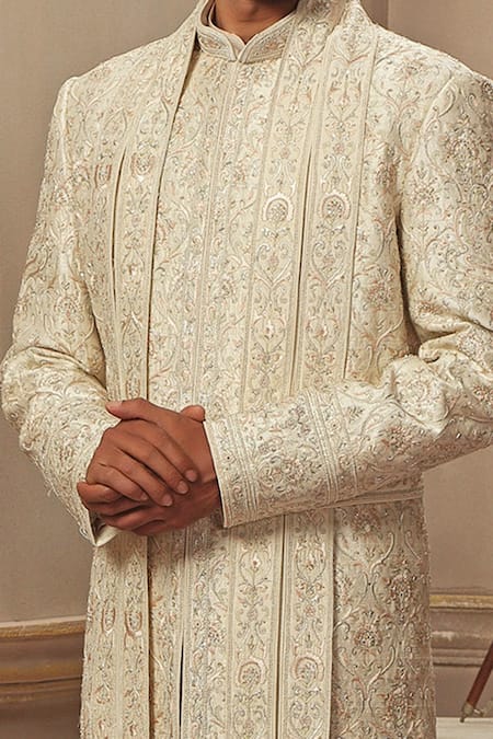 Vanshik Beige Raw Silk Embroidered Sherwani Set Online at Aza Fashions Vanshik_Beige Raw Silk Embroidered Sherwani Set _Online_at_Aza_Fashions