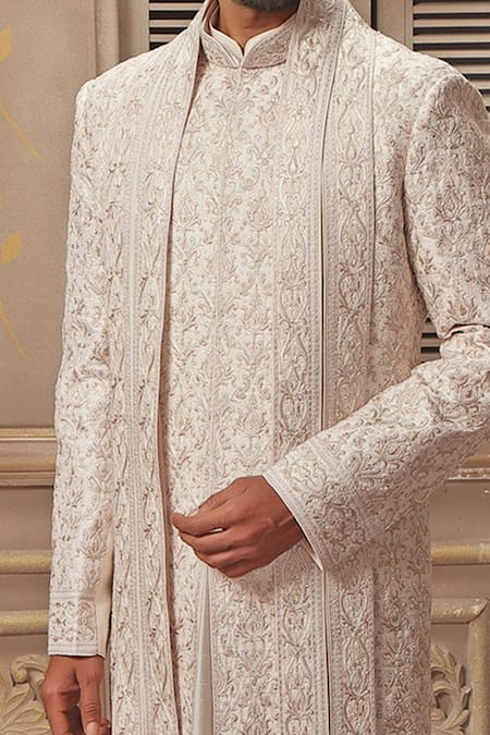 Vanshik_White Raw Silk Embroidered Sherwani Set _Online_at_Aza_Fashions