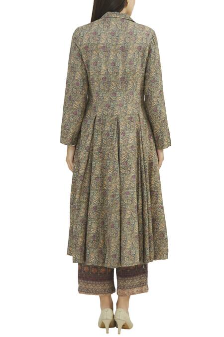 Shop Vrisa Beige Lapel Printed Long Jacket at Aza Fashions Shop_Vrisa_Beige Lapel Printed Long Jacket _at_Aza_Fashions