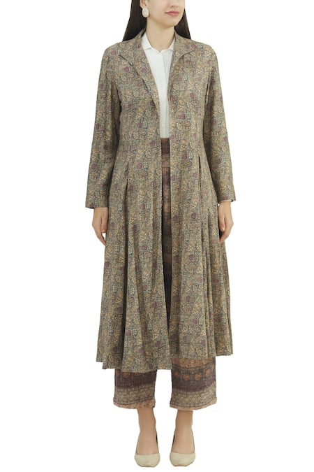 Vrisa Beige Lapel Printed Long Jacket Online at Aza Fashions Vrisa_Beige Lapel Printed Long Jacket _Online_at_Aza_Fashions