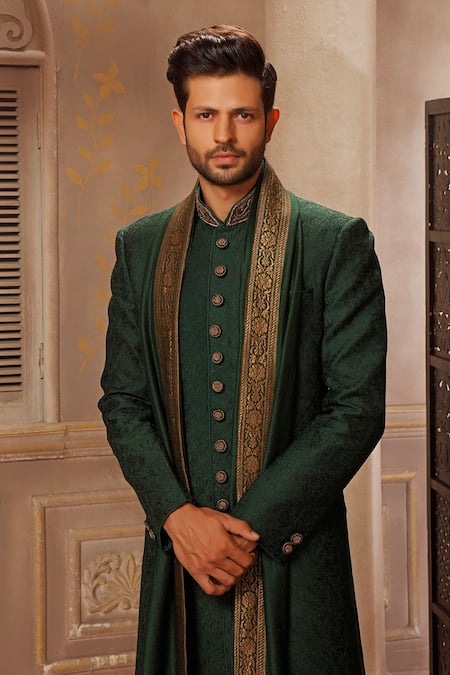Shop_Vanshik_Gold Chanderi Silk Embroidered Sherwani Set _at_Aza_Fashions