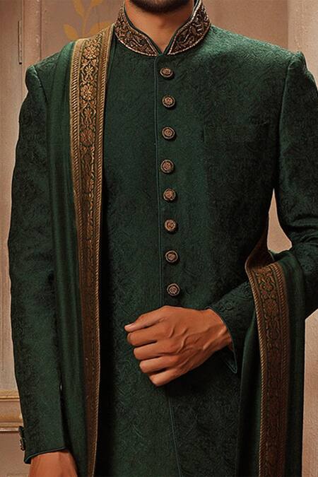 Vanshik_Gold Chanderi Silk Embroidered Sherwani Set _Online_at_Aza_Fashions