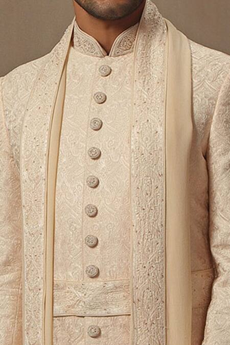 Vanshik Beige Chanderi Silk Blend Base Embroidered Sherwani Set Online at Aza Fashions Vanshik_Beige Chanderi Silk Blend Base Embroidered Sherwani Set _Online_at_Aza_Fashions