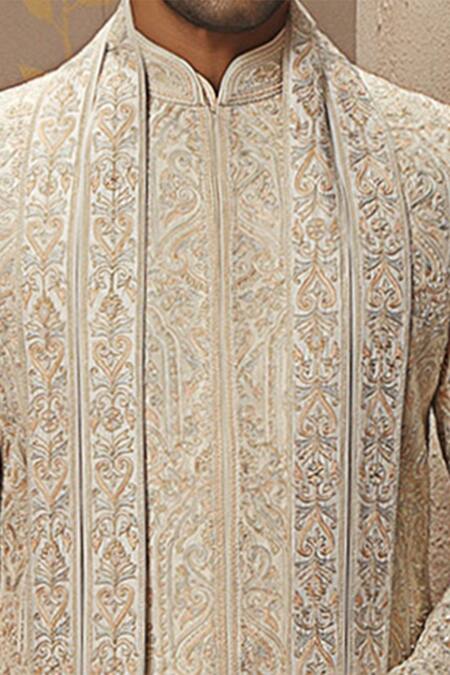 Vanshik Beige Raw Silk Embroidered Sherwani Set Online at Aza Fashions Vanshik_Beige Raw Silk Embroidered Sherwani Set _Online_at_Aza_Fashions
